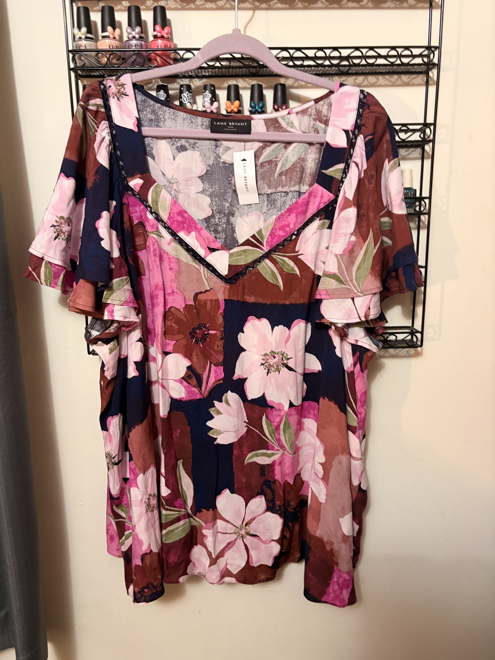 Lane Bryant Pink Navy Brown Floral V-Neck Flutter Sleeve Blouse